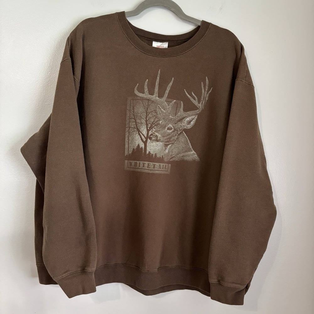 Vintage Whitetail Deer Crewneck Sweatshirt Size XL 90's Faded Hanes